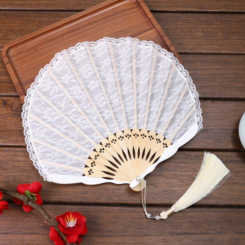 Luxury Portable Folding Fan Fan Tassel Pendent Flowers Pattern Lace Handheld Fans Lightweight Hollow Handle Chinese Fan Party