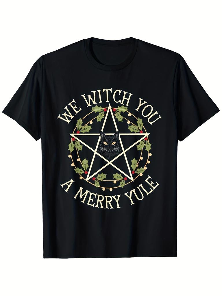 Men'S & Women'S Pagan Witchy Yule Christmas T-Shirt 180Gsm Heavyweight Relaxed Fit Vintage Witchcraft Design with Pentagram & Holly Print Large Sizes