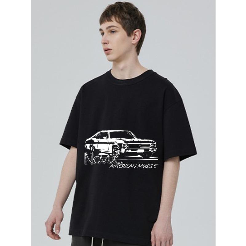 Oversized T-Shirt Black Novo American Muscle Car Graphic Print Casual Streetwear Men's Top