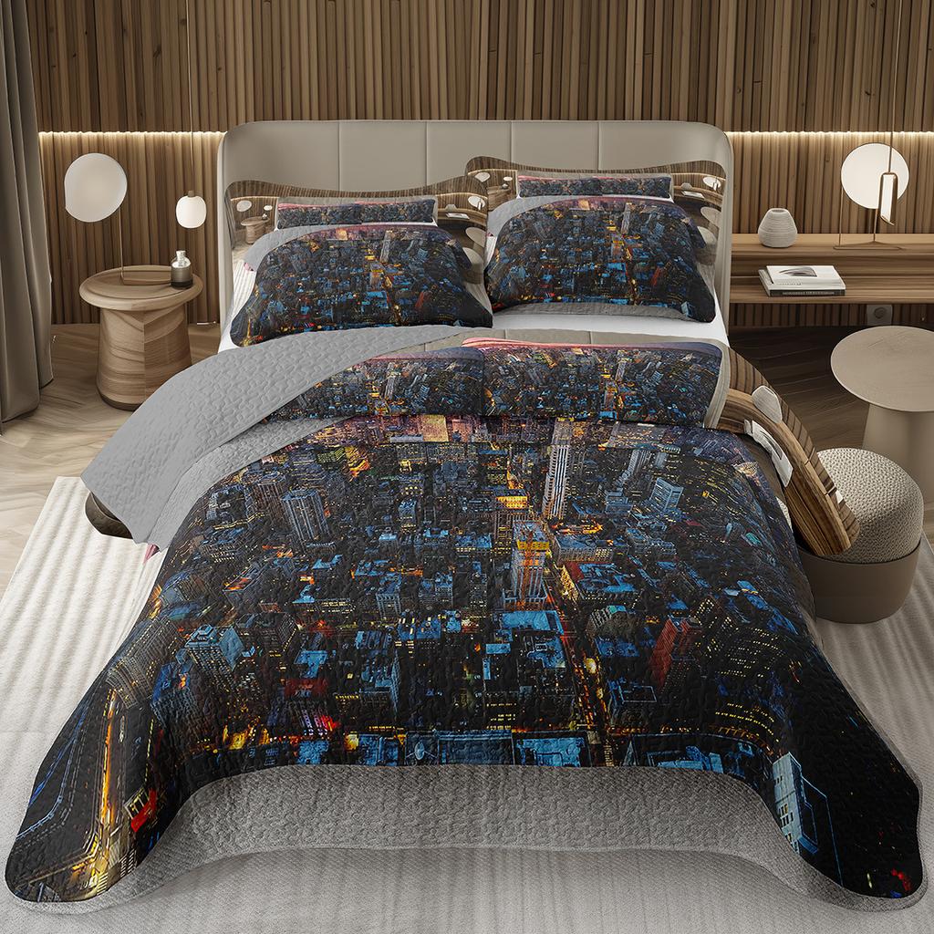 City Landscape Quilted Bedspread Set Cityscape Artwork Queen Bedding Set Colorful River Business District Coverlet For Girls Man