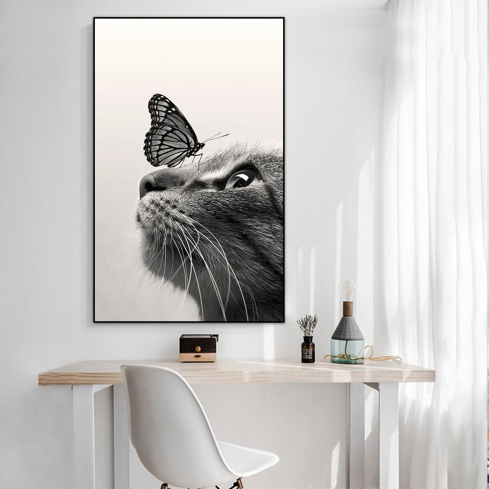 Black And White Cats Butterfly Canvas Painting Cute Animal Poster for Bedroom Decor Sports Landscape Office Room Home Decor Gift