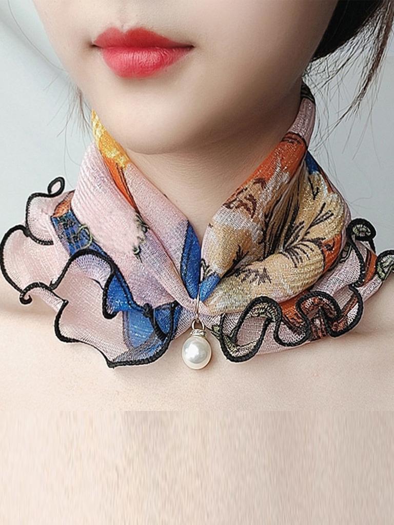 Women Gold Silk Ruffle Ring Scarf Fake Pearl Pendant Fashion Chiffon Neck Collar Thin Anti-UV  Neckerchief Hair Bandana Headban