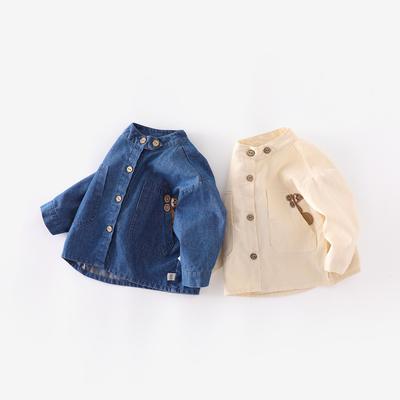 Children's Autumn Denim Shirt - Embroidered Squirrel, Stand Collar, Korean Style
