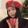 Red Green Color Christmas Beret Hat Wool Felt Material Wool Beret Hat  For Women Girls