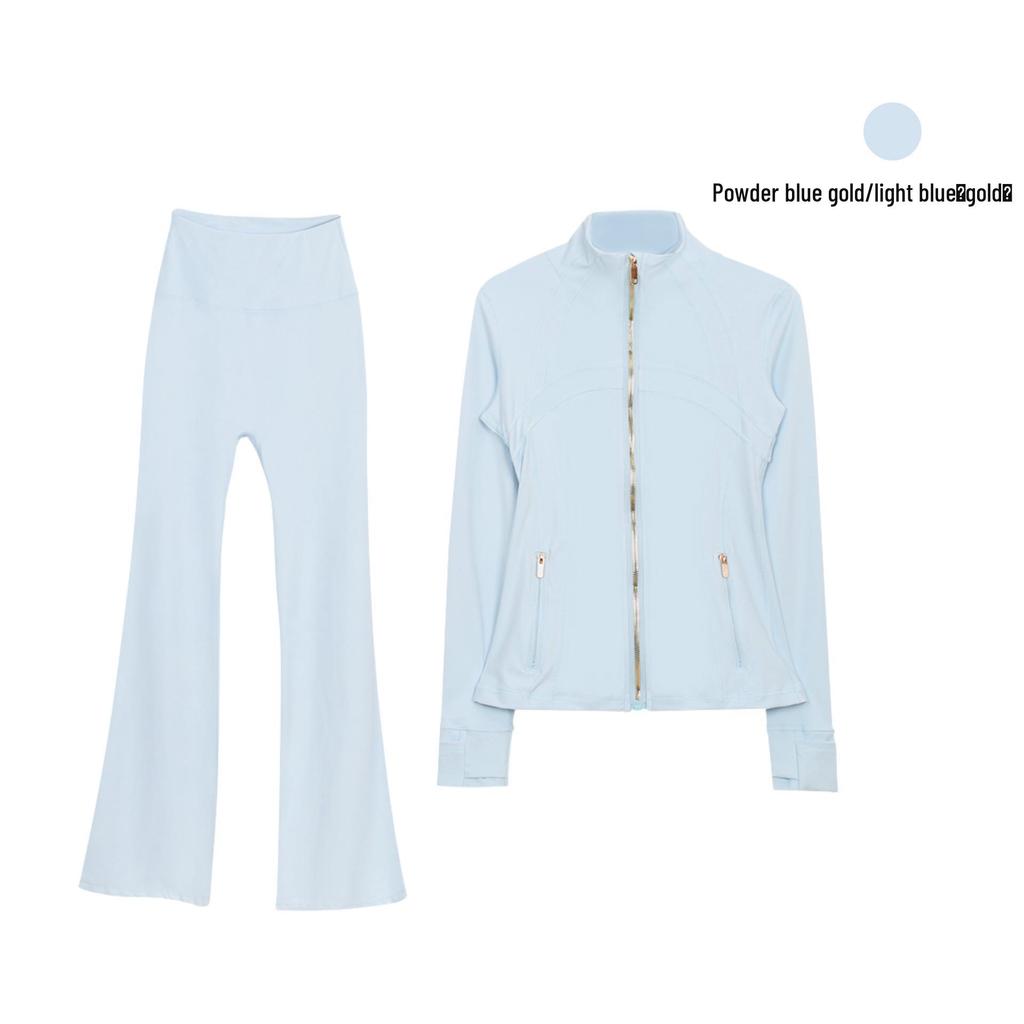 In Stock: Women's Gold Jacket & Flare Pants - High Stretch, Slimming Sports Yoga Set