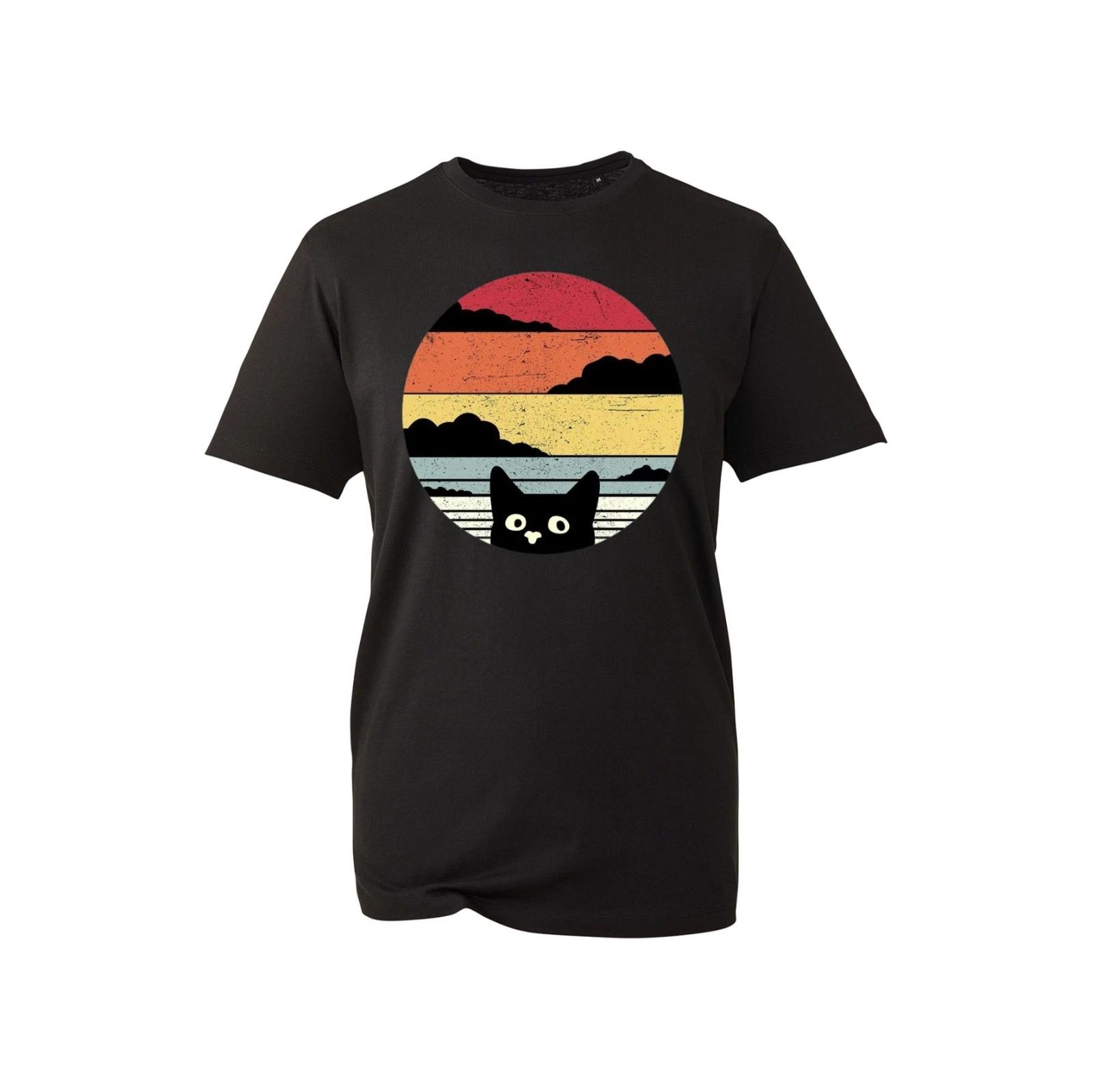 Retro Sunset Cat T Shirt Vintage Cute Black Cat Graphic Tee for Pet Lovers S