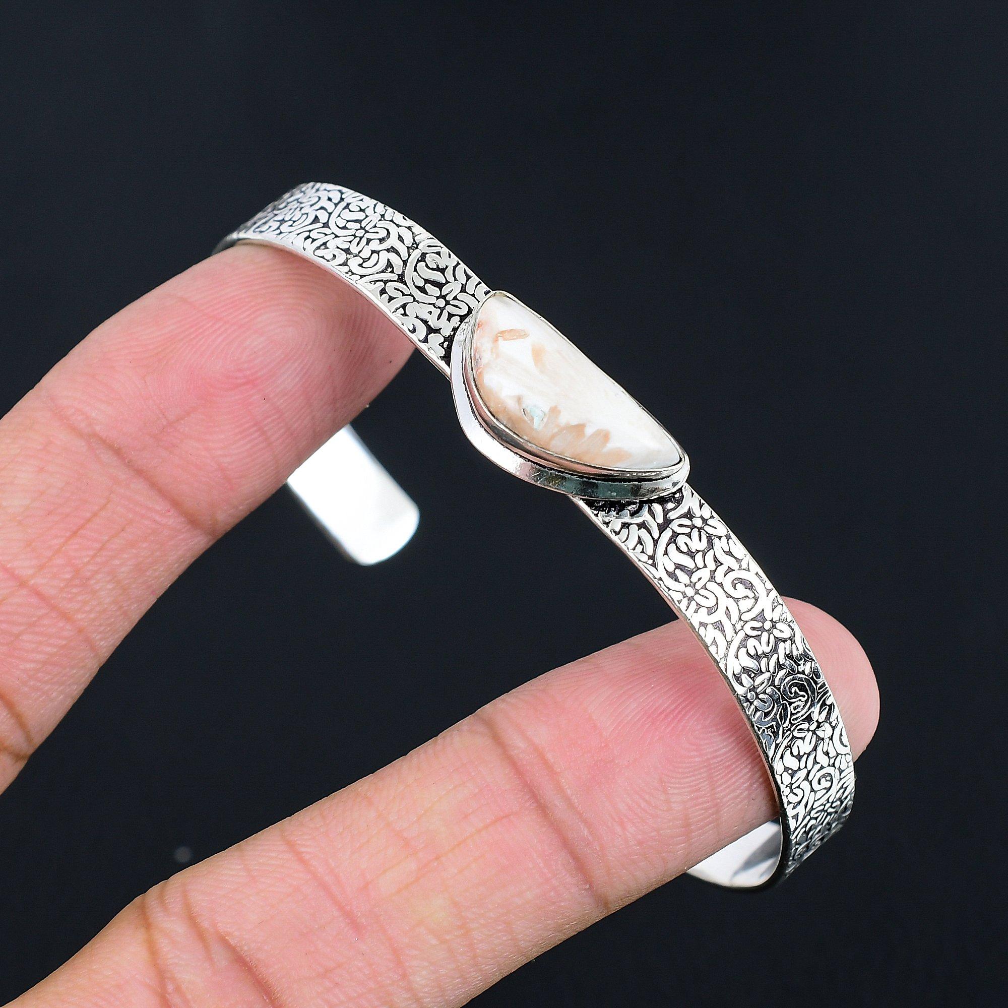 

Natural Scolecite Gemstone 925 Sterling Silver Bangle Adjustable For Girls Adjustable