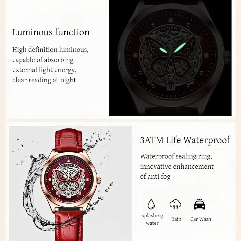 Damen Quarz Uhr Modisch Leuchtend Skelettiert Verträumt Schmetterling Wasserdicht Diamantbesetzt Kalenderuhr Weihnachtsgeschenk Uhr