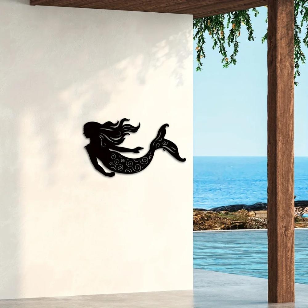 Rustykalna Metalowa Sztuka Ścienna Syrenka – Dekoracja Wisząca o Tematyce Oceanicznej, Elegancka Rzeźba Syrenki do Pokojów w Stylu Nadmorskim lub Plażowym