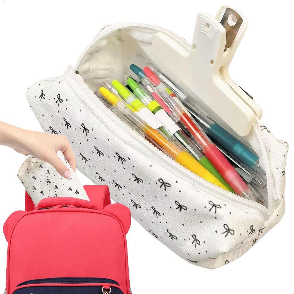 Portable Black White Bow Pencil Case Simple Girl Student Makeup Bag Large Capacity Stationery Storage Bag Student Stationery