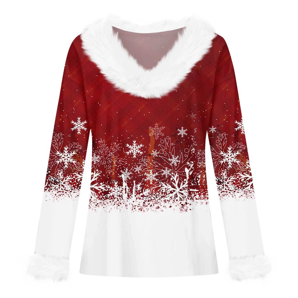 Women's Fashionable Casual V-Neck Christmas Print Long-Sleeved Top