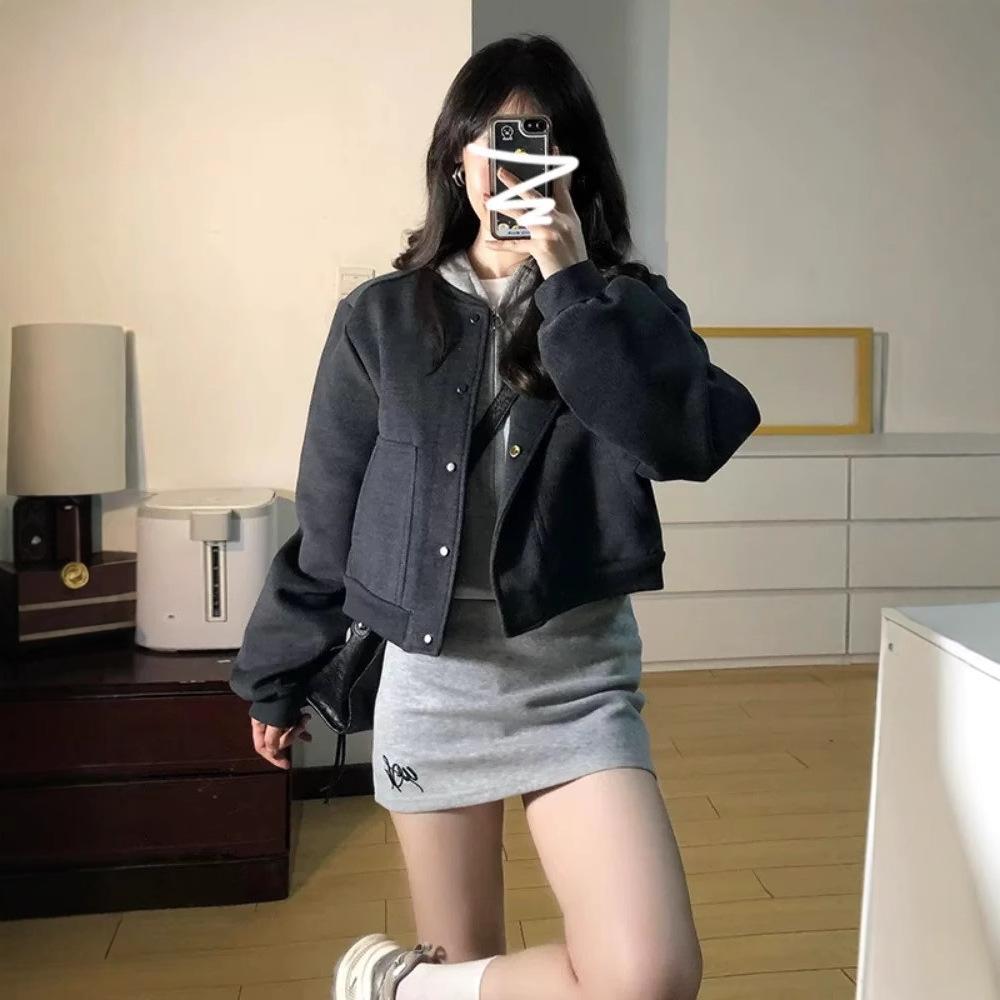 Women's Crew Neck Long Sleeve Cropped Jacket Regular Fit Korean Vintage Single Breasted Pocket Baseball Outerwear Polyester Casual Coat