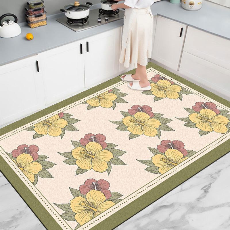 Pink Blossom Kitchen Rug Non Slip Absorbent Mat with Black Text Border Anti Fatigue Floor Pad Sink Area Soft Cushioned Washable