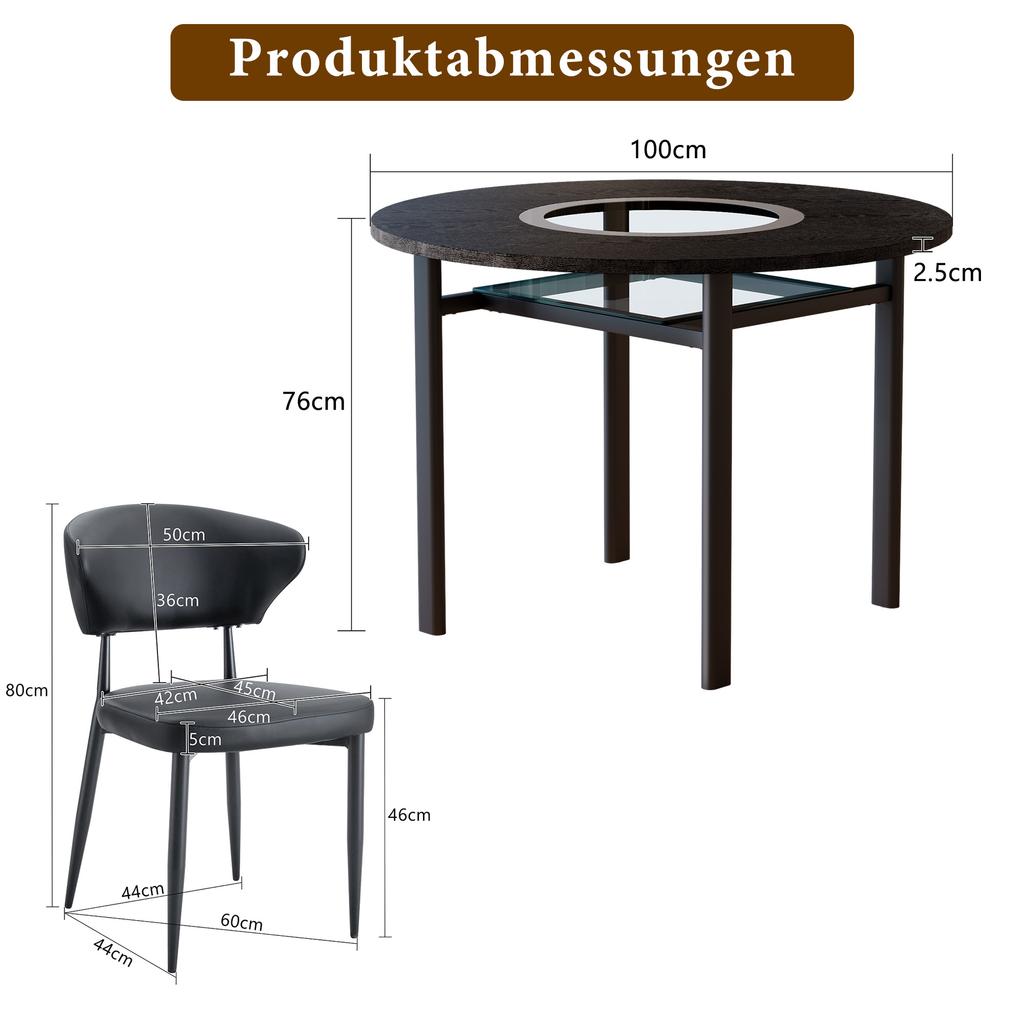 Juego de mesa redonda minimalista (con 2 sillones negros de material PU y respaldo curvo de confort), con 100 cm de diámetro en aspecto de madera negra.