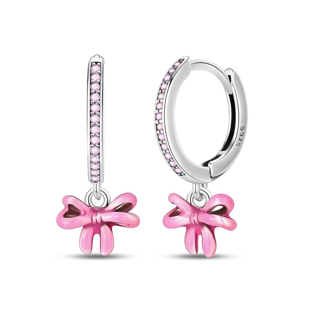 New Copper Sparkling Pink Bow Stud Earrings & Pavé Dangle Hoop Earrings For Girl Sweet Romantic Jewelry Gift
