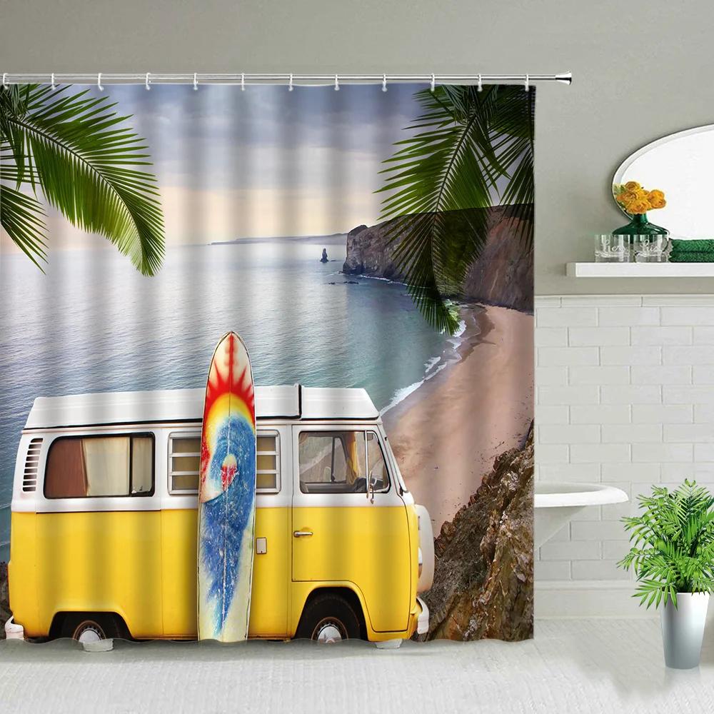 Shower Curtain Funny Shower Curtains for Bathroom Vintage Summer Holiday Retro Bus Camper Van Shower Curtains Surfboard Palm