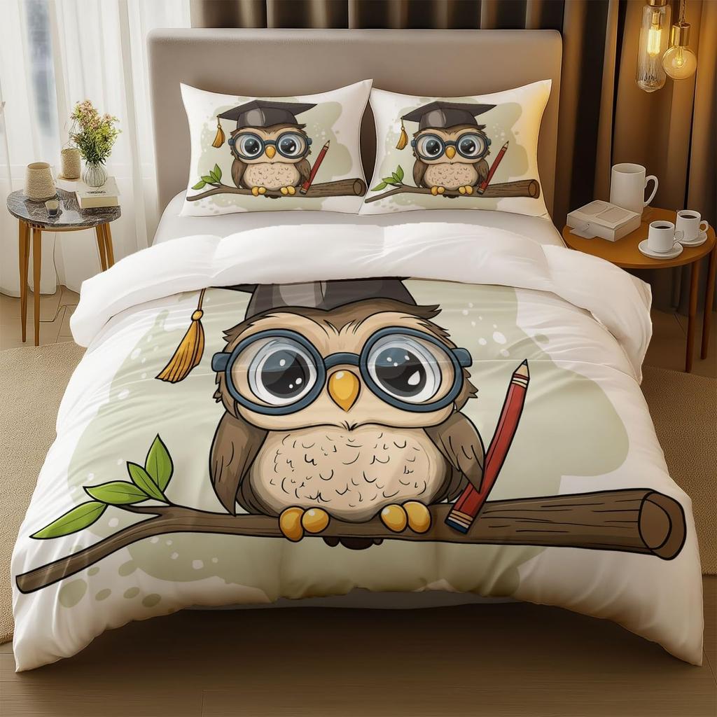 Cartoon Birds Owl Duvet Covers Single Size Printed Quilt Cover Set With Zipper,Microfiber Soft Breathable Reversible Bedding Set