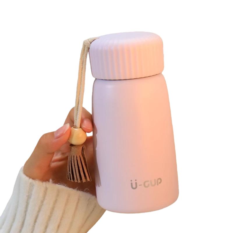 1pcs Mini Insulated Water Bottle Compact Portable Stainless Steel Flask Minimalist Travel Mug with Tassel