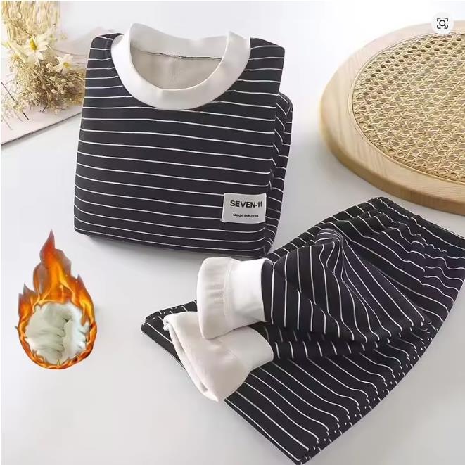 Baby Plush Children's Pajamas Solid Color Long Sleeved Pants Breathable Pajamas for Boys and Girls Casual Wear