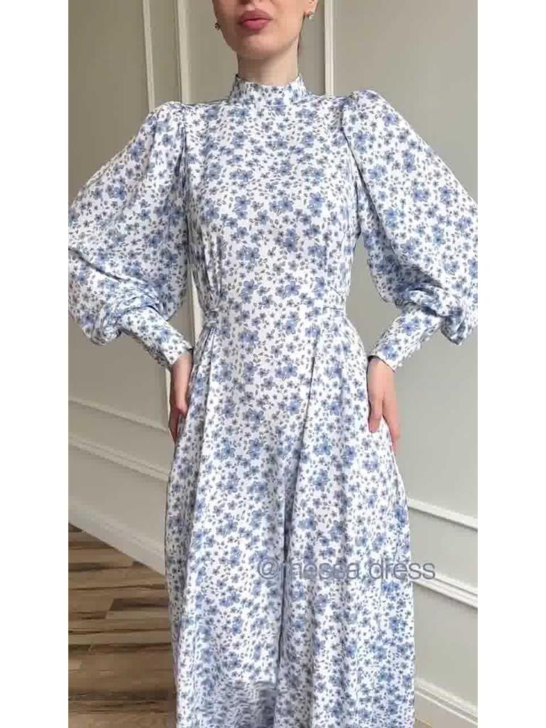 2025 Spring Loose Tie Floral Satin Long Sleeve Dress