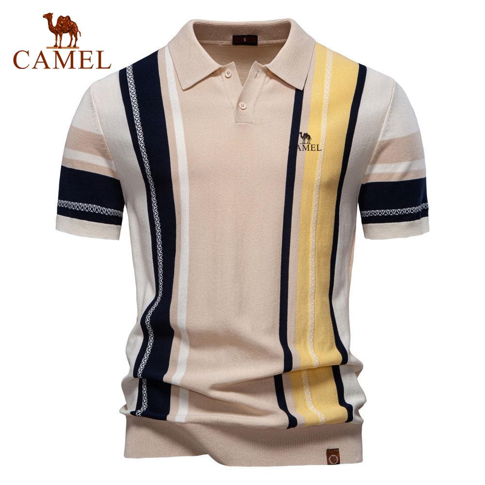 Camel 2025 Sommer Broderi Ny Herre Revers Kortermet Strikket Polo Stripete Lappverk Pluss Størrelse Kortermet Poloskjorte for Menn