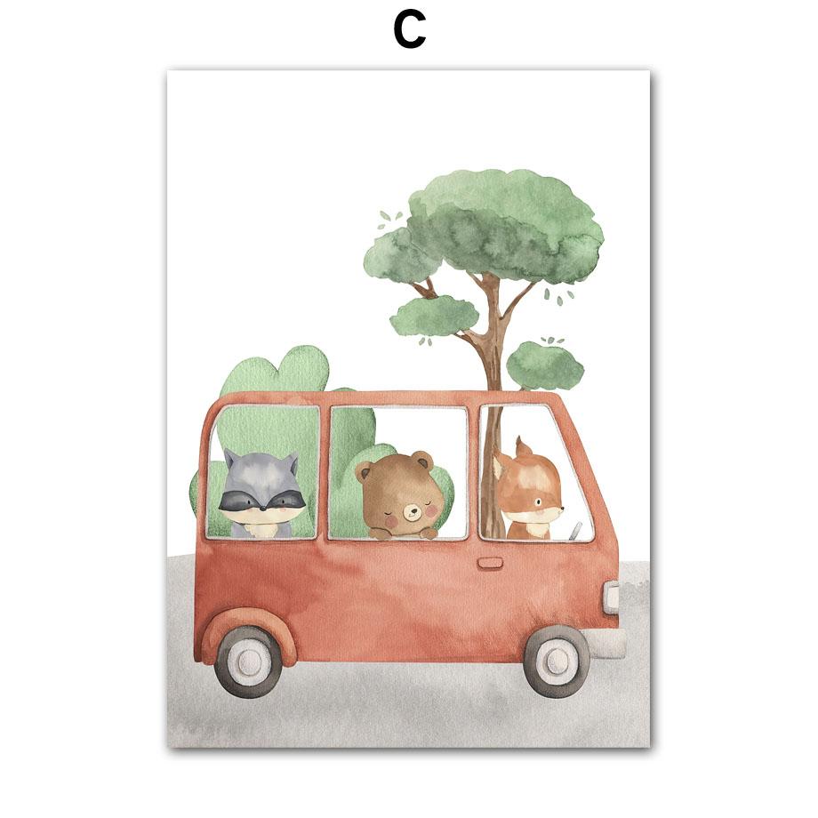 Car Giraffe Lion Elephant Monkey Jungle Animals Wall Art Canvas Painting Nordic Posters And Prints Pictures Baby Kids Room Decor