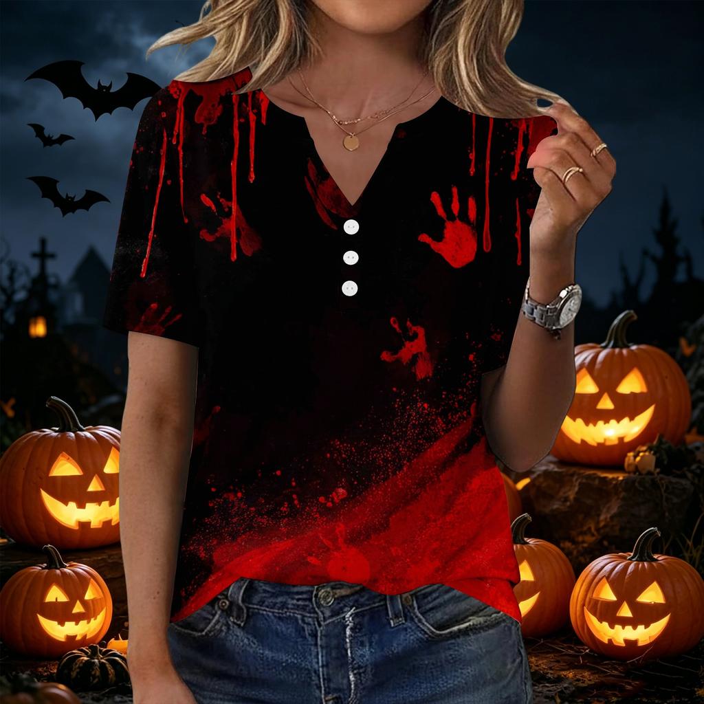 Women's Casual Halloween Print V Neck Button Front Three Quarter Sleeve T Shirt Top for Everyday Wear
