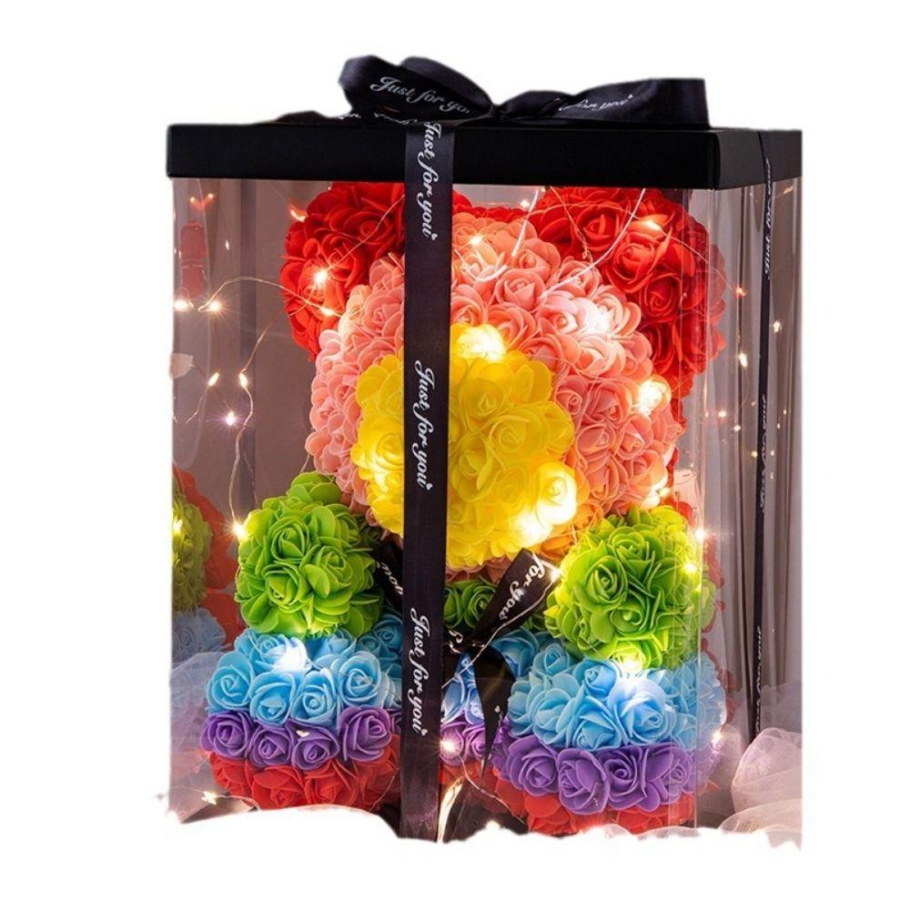 25cm Artificial Teddy Rose with LED Strip Multicolors Flower Bear Romantic Valentines Day Gift Girlfriend Women Anniversary Bear