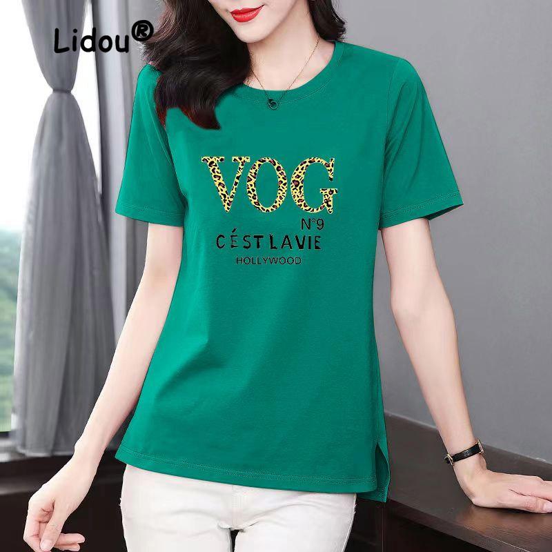 

Fashion Summer Solid Color Letter T-shirt Women Classic Short Sleeve O-collar Loose Cotton Slim Korean Casual All-match Lady Top XXXL світло-фіолетового кольору