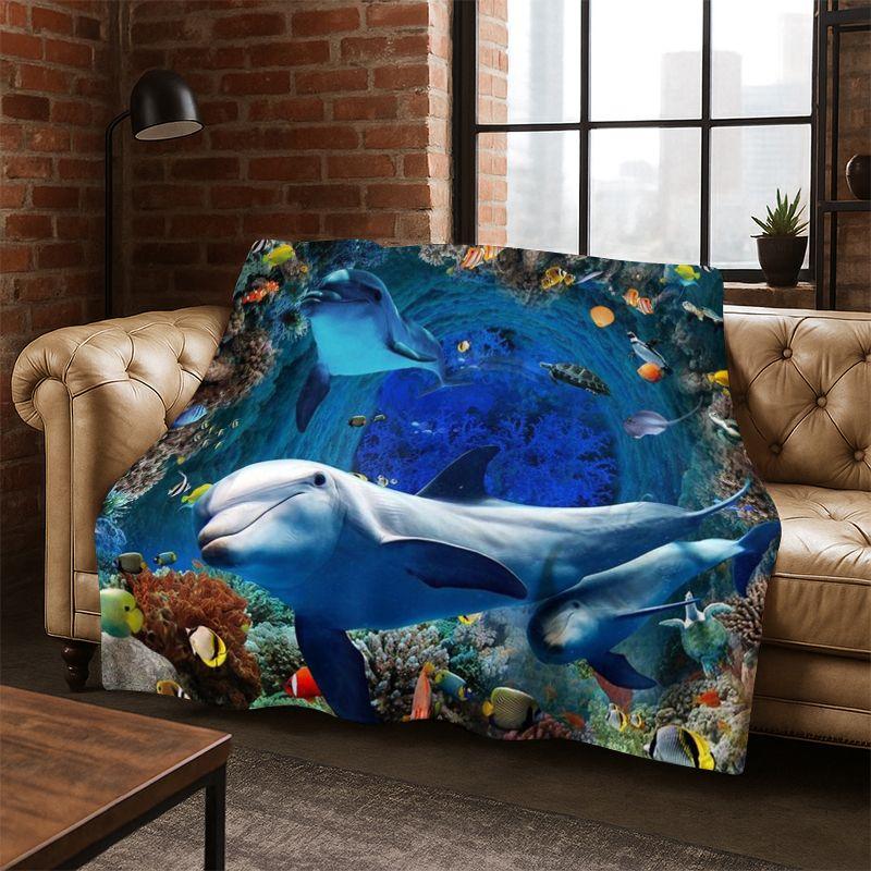3D Illusion Underwater World Marine Life Shark Dolphin Cartoon Flannel Blanket Throw Blanket for Bedroom Living Room Bed Travel
