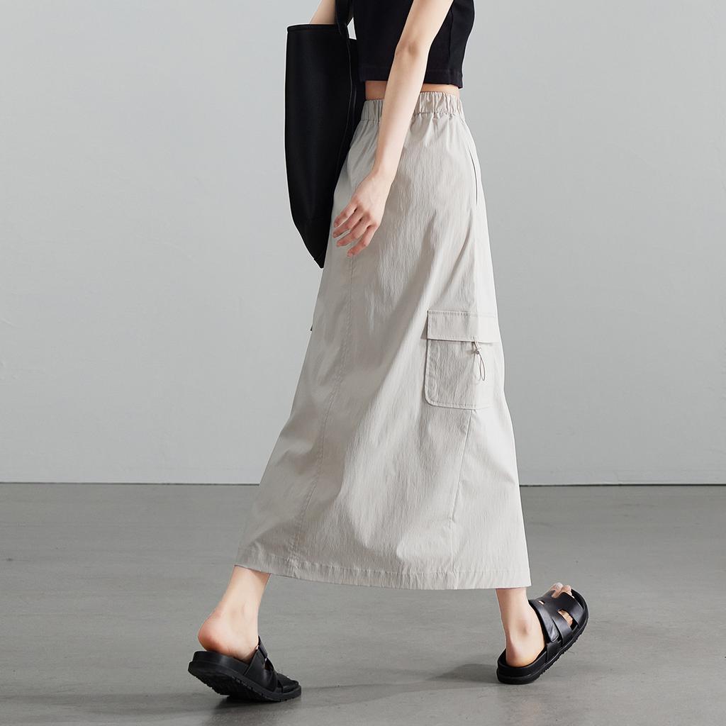 Design sense: Front slit drawstring workwear skirt, 2026 summer thin, fashionable, versatile, casual A-line skirt