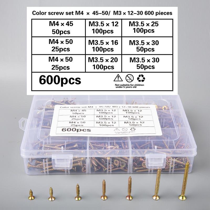 600pcs/box M3.5/4  12/16/20/25/30/45/50mm Cross Head Colored Galvanized Self-Tapping Screw Set