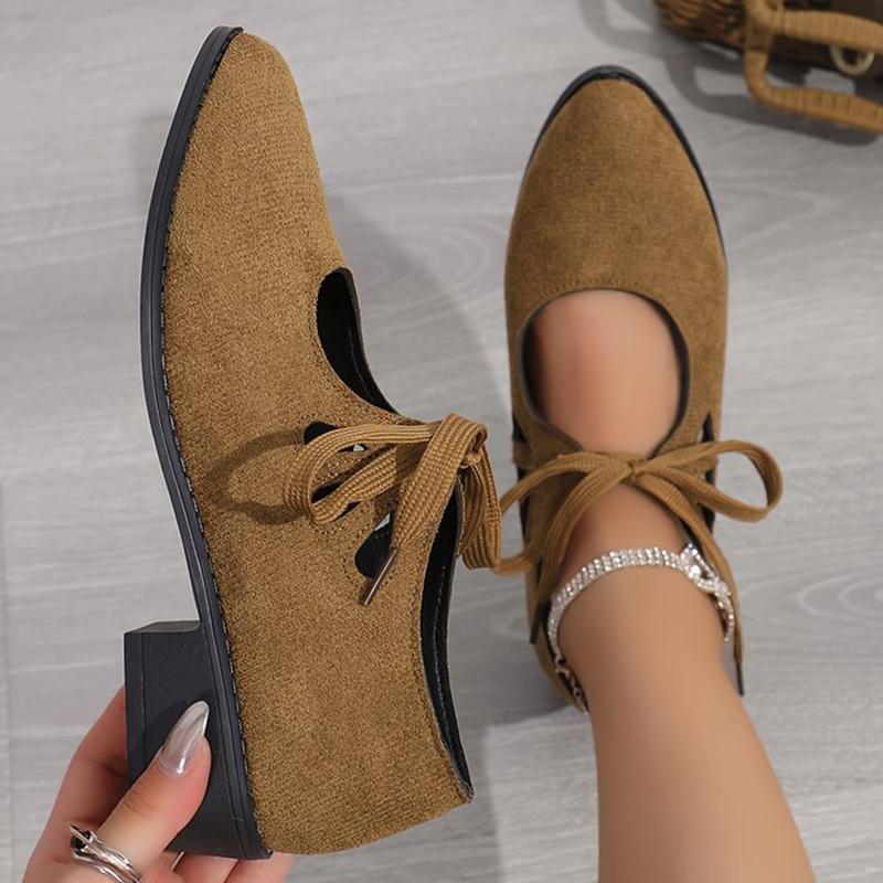 Fashion Korean Faux Suede Mid Heel Pumps Women Hollow Out Lace Up Loafers Shoes Woman 2025 Pointed Toe Plus Size Heels Shoes Ladies