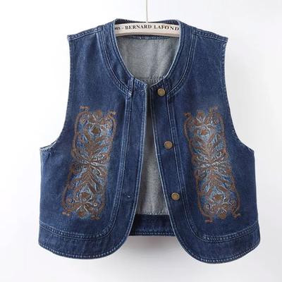 Vest for Women Cotton Sleeveless Tops Oversize Casual Button Demin Embroider Jacket