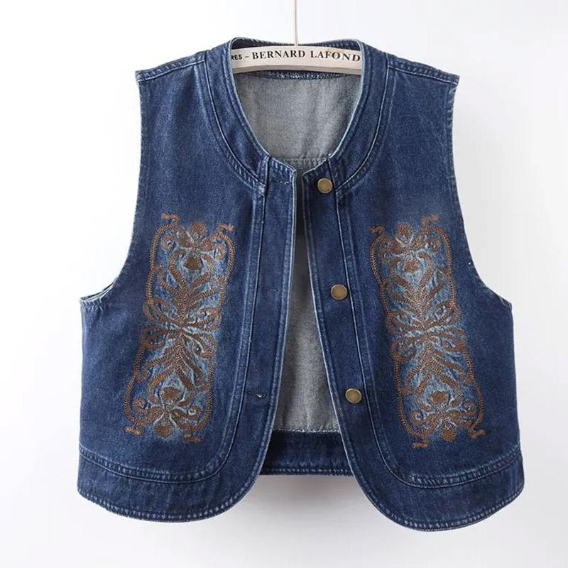 Vest for Women Cotton Sleeveless Tops Oversize Casual Button Demin Embroider Jacket