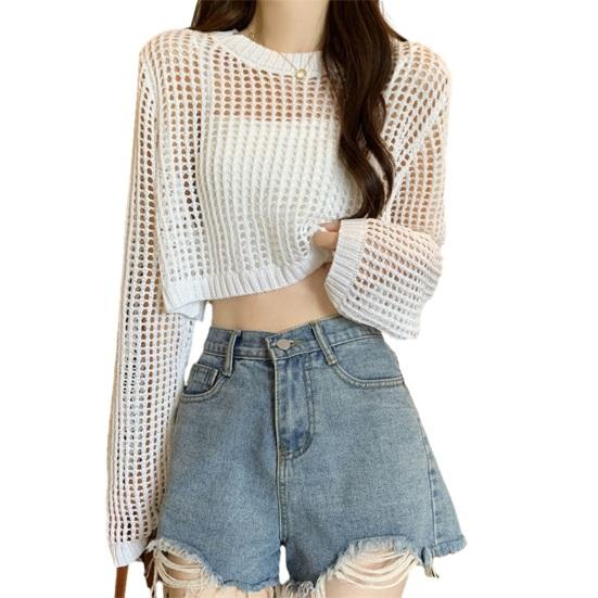 

Женские топы Однотонные Свободный крой Полый дизайн Топы-пуловеры Чистый цвет Летние тонкие топы Защита от солнца Короткая накидка Блузка белый