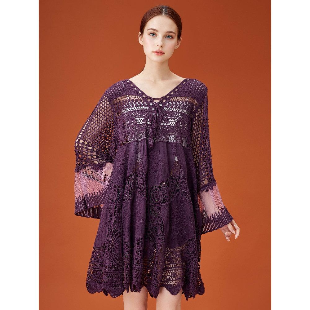 DIMANAF 2026  New Summer Women Long Basic Knitted Dress Sleeve  Fashion Lace Dresses Casual Loose
