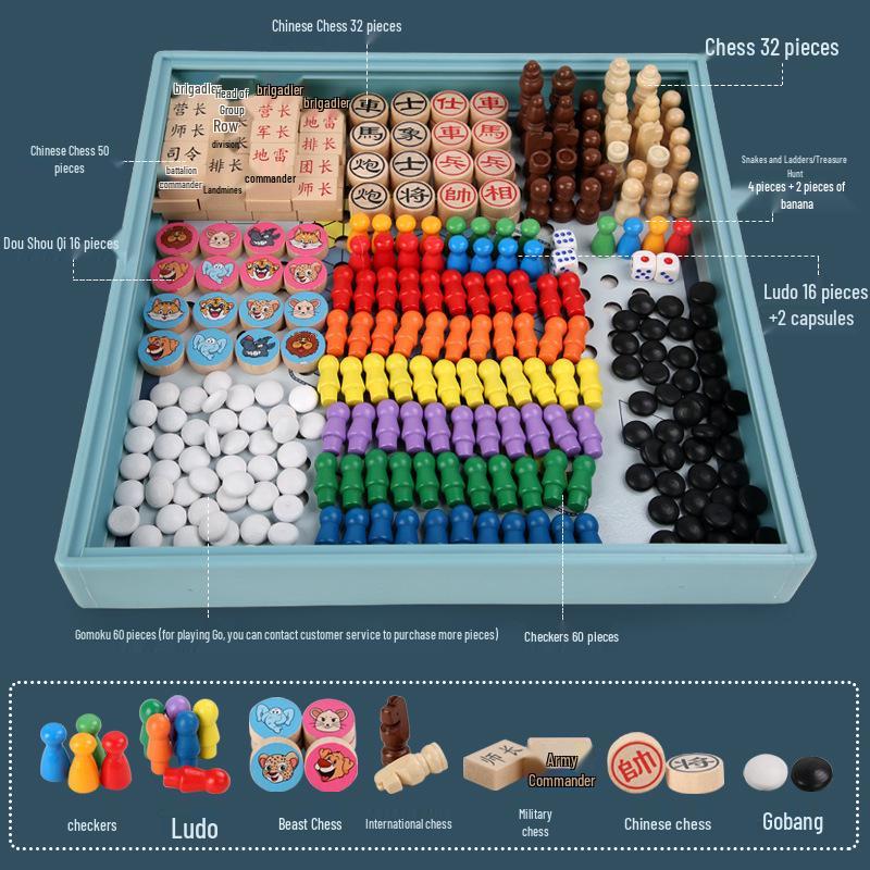 Multifunktionales Holz-Spielbrett: Fliegendes Schach, Dame und Tierkampf für Kinder und Erwachsene