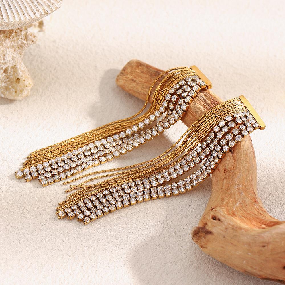 MamacitaSlay 316L Stainless Steel  Zircon Asymmetrical Tassel Earrings Party Waterproof Jewelry Women's Charm Statement Earrings