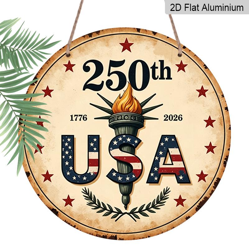

Плоский 2D, 1 шт. Круглая алюминиевая подвесная табличка - 250-летие США 1776-2026 Винтажное металлическое настенное искусство, Патриотический дизайн со Статуей Свободы и Флагом США 7.87*7.87inch