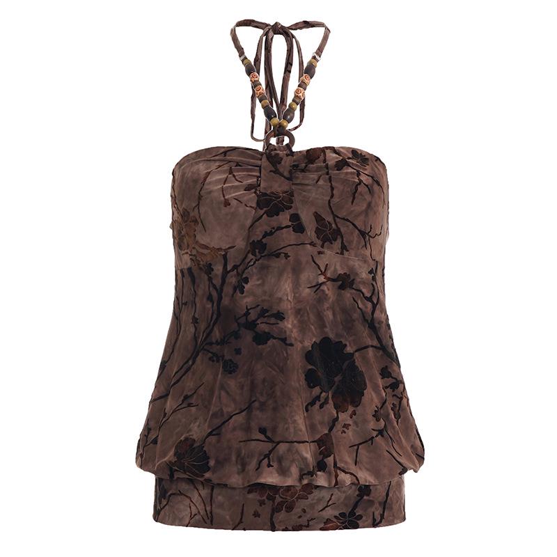 Retro Print Beaded Halter Crop Top for Women - Vintage Slim Fit M