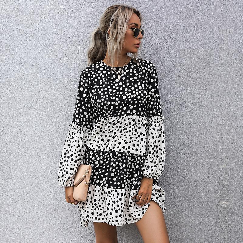 Women's Fashion Summer Polka Dot Print Long Sleeve O-Neck Casual Dresses