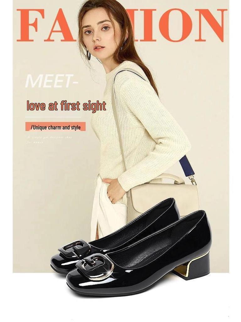 Dámské mokasíny z pravé kůže na robustním podpatku s lesklou lakovanou a měkkou kůží, kulatá špička, široký střih, vhodné pro všechna roční období