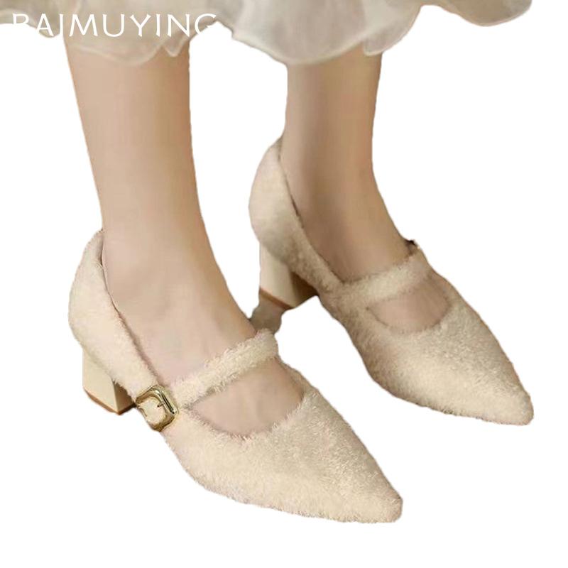 Chunky Fur Shallow Women Shoes Pointed Toe Elegant Mid Heels Shoes 2025 Trend Designer Buckle Pumps Winter Fashion Mujer Zapatos