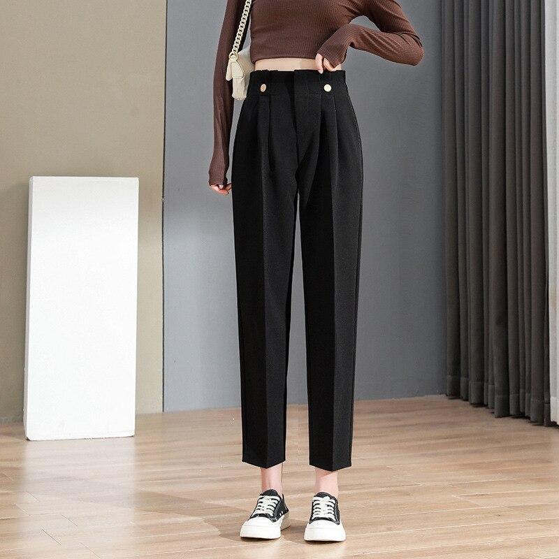 

Весенне-осенние корейские свободные повседневные брюки для костюма, женские прямые брюки с высокой талией, элегантные простые однотонные брюки для путешествий XXXXL чёрный