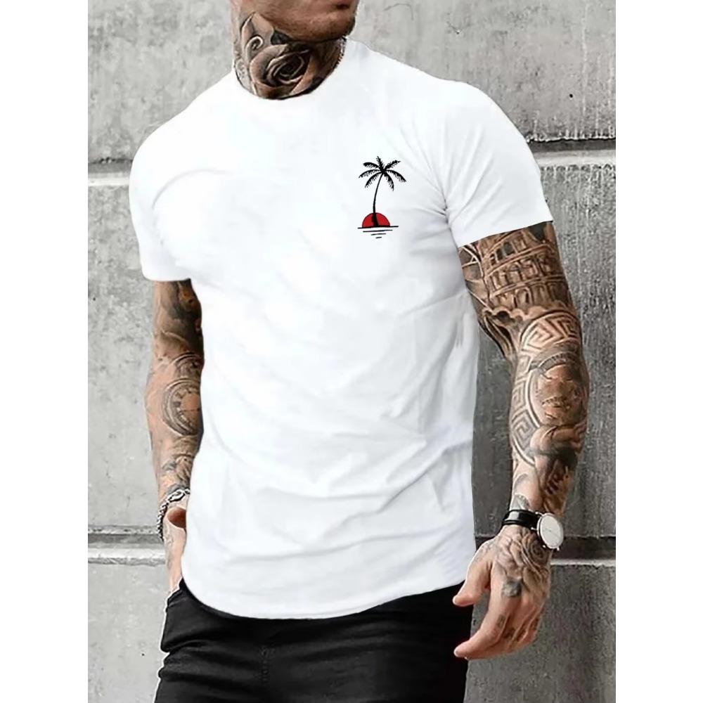 Men's Summer Casual Loose Size 100% Cotton Coconut trees Print Round Neck Short Sleeve T-shirt Top