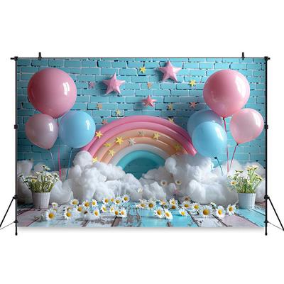 Mocsicka Rainbow Balloons Background Flower Light Blue Brick Wall Baby Shower Birthday Decorations Backdrops Cake Party Supplies