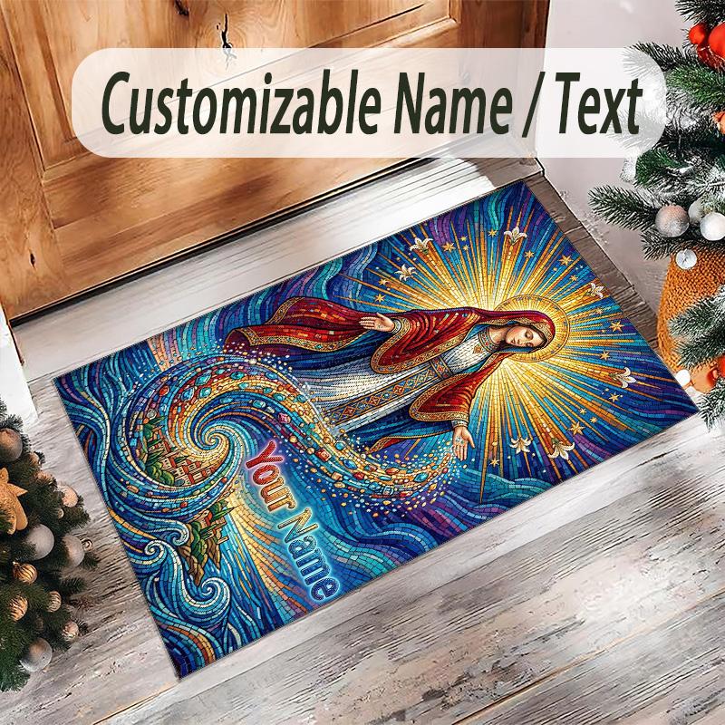 Virgin Mary Theme Crystal Velvet Rug Personalized Custom Name Text Soft Floor Mat Home Decor