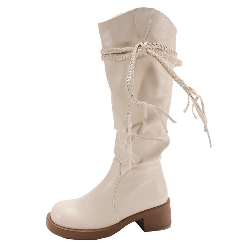 Weiße Retro High-End Plateau-Stiefel Damenstiefel 2025 neu Herbst mit Rock dünne Ritterstiefel