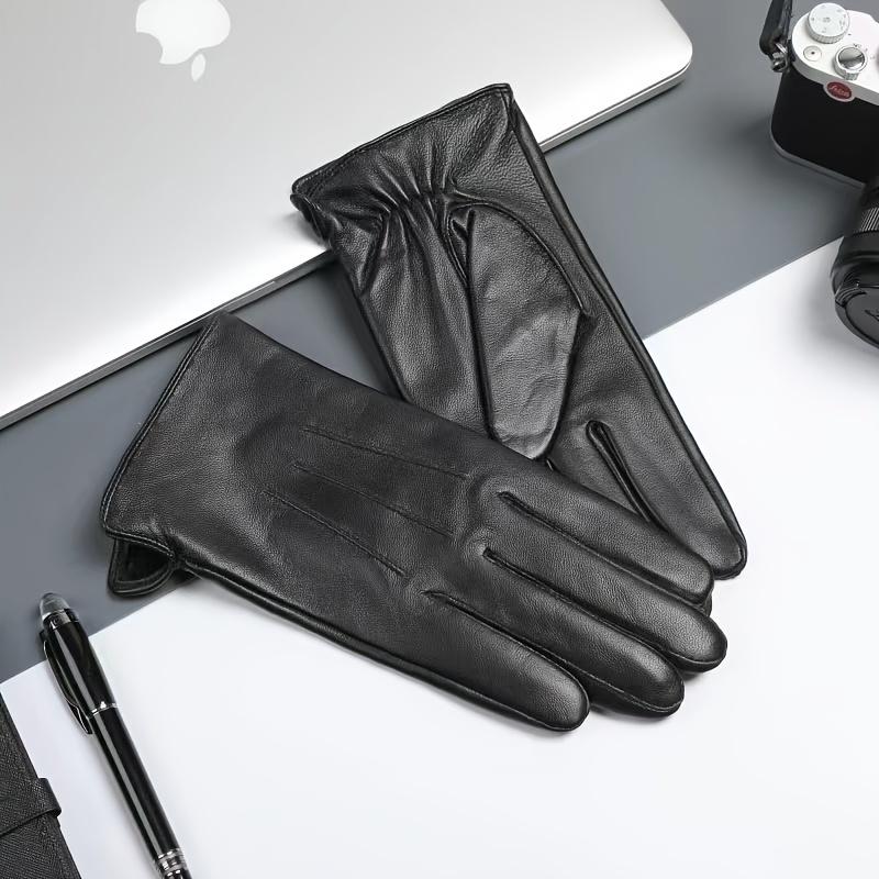 1 Pair Warm Lined Mens Black Leather Gloves with Cool Design for Winter, Men, Ideal Choice for Gifts